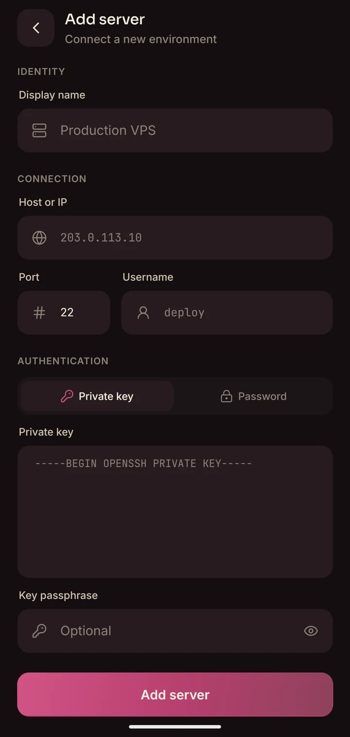Hectix Add server form with host, port, username and private key fields