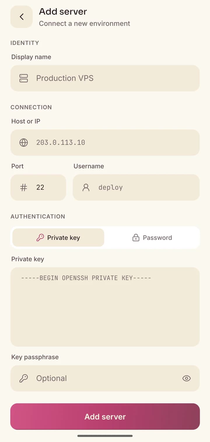 Hectix Add server form with host, port, username and private key fields